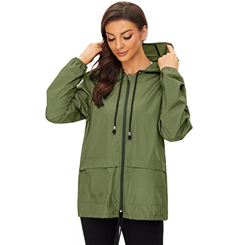 Durio Leicht Regenjacke Damen Wasserdicht Atmungsaktiv Faltbar Windbreaker Mit Kapuze Softshelljacke Fahrradjacke Regencape Armee grün 3XL von Durio