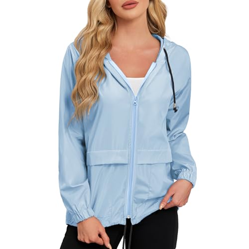 Durio Leicht Regenjacke Damen Wasserdicht Atmungsaktiv Faltbar Windbreaker Mit Kapuze Softshelljacke Fahrradjacke Regencape Blau B XL von Durio