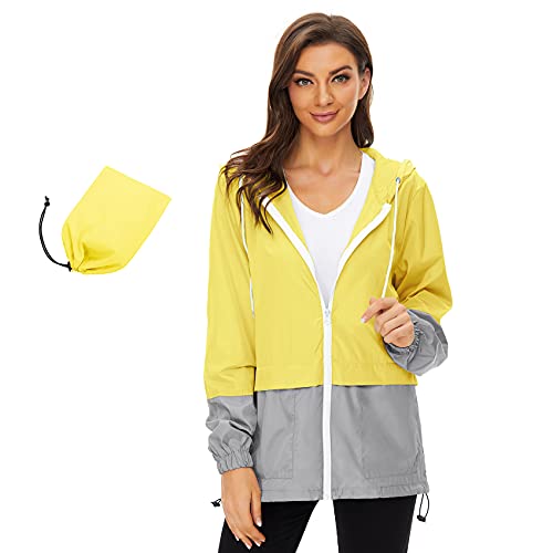 Durio Leicht Regenjacke Damen Wasserdicht Atmungsaktiv Faltbar Windbreaker Mit Kapuze Softshelljacke Fahrradjacke Regencape Gelb 3XL von Durio