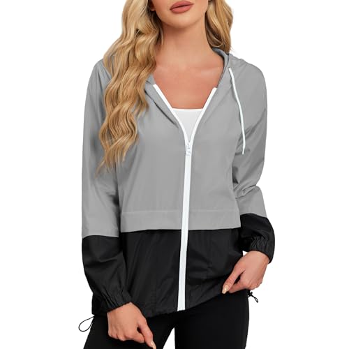 Durio Leicht Regenjacke Damen Wasserdicht Atmungsaktiv Faltbar Windbreaker Mit Kapuze Softshelljacke Fahrradjacke Regencape Grau A L von Durio
