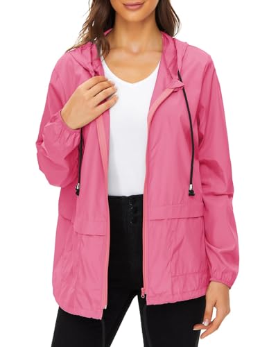 Durio Leicht Regenjacke Damen Wasserdicht Atmungsaktiv Faltbar Windbreaker Mit Kapuze Softshelljacke Fahrradjacke Regencape Rosenrot 2XL von Durio