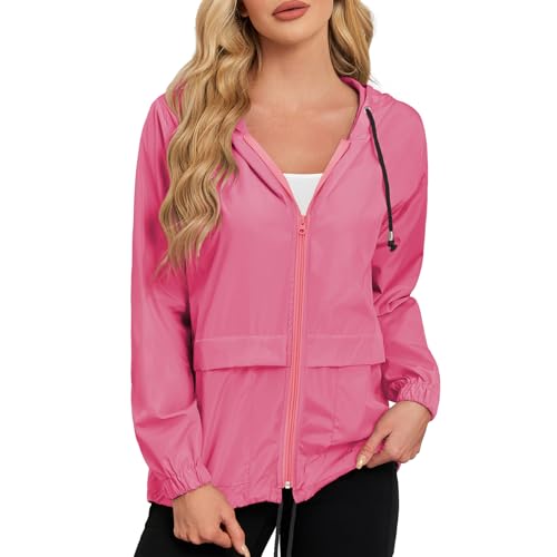 Durio Leicht Regenjacke Damen Wasserdicht Atmungsaktiv Faltbar Windbreaker Mit Kapuze Softshelljacke Fahrradjacke Regencape Rosenrot M von Durio