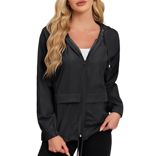 Durio Leicht Regenjacke Damen Wasserdicht Atmungsaktiv Faltbar Windbreaker Mit Kapuze Softshelljacke Fahrradjacke Regencape Schwarz 2XL von Durio