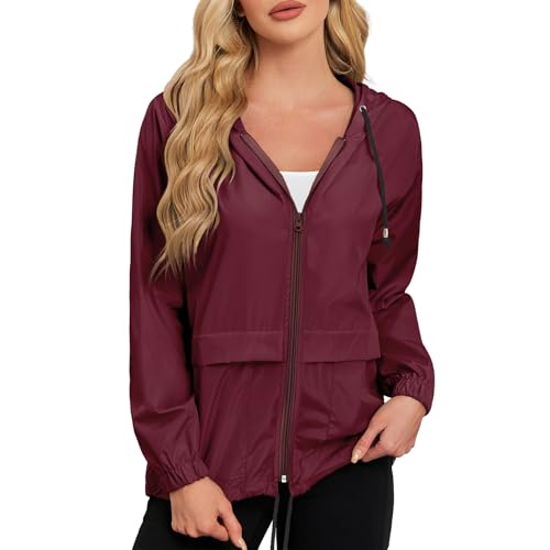 Durio Leicht Regenjacke Damen Wasserdicht Atmungsaktiv Faltbar Windbreaker Mit Kapuze Softshelljacke Fahrradjacke Regencape Weinro XL von Durio