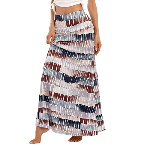 Durio Maxirock Damen Boho Rock Lang Elegant Hohe Taille Elastischer Maxi Rock Braun u. Grau Streifen L von Durio