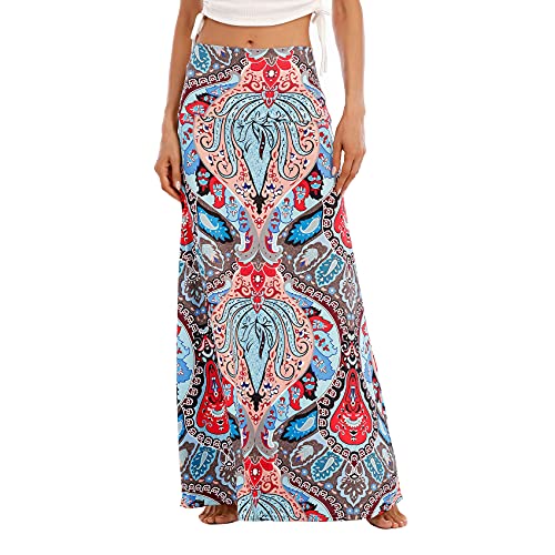 Durio Maxirock Damen Boho Rock Lang Elegant Hohe Taille Elastischer Maxi Rock Bunt Stoffdruck L von Durio