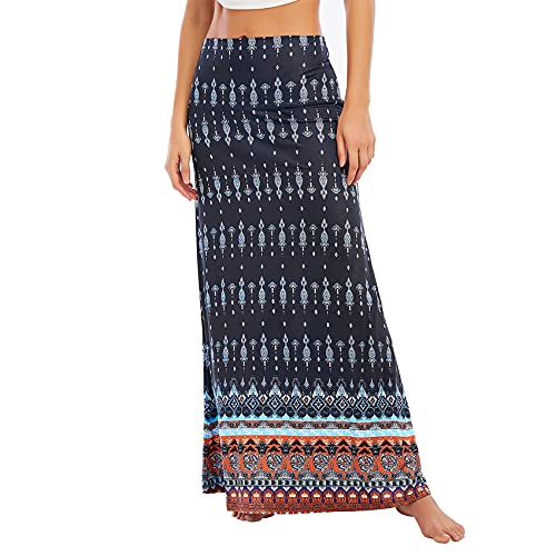 Durio Maxirock Damen Boho Rock Lang Elegant Hohe Taille Elastischer Maxi Rock Navy u. Orange Blumen S von Durio