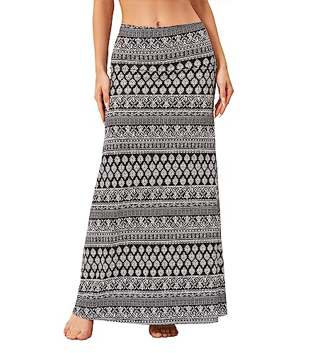 Durio Maxirock Damen Boho Rock Lang Elegant Hohe Taille Elastischer Maxi Rock Schwarz u. Weiß L von Durio