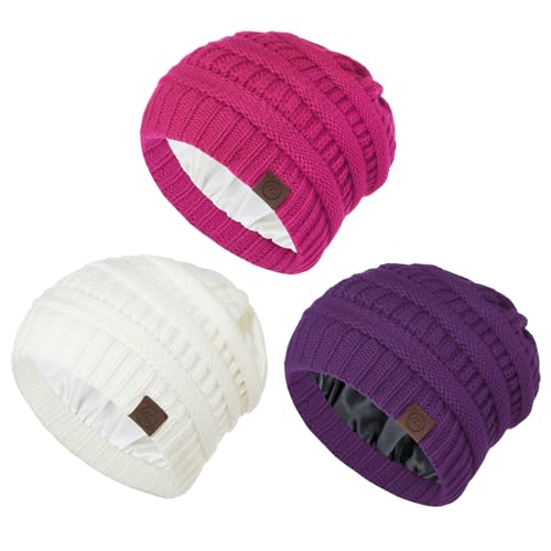 Durio Mit Satin gefütterte Beanie für Damen, warme Wintermütze, mit Slik gefüttert, Beanie-Mütze für Damen, Strickmütze für den Winter, Weiß, Hot Pink und Violett, Einheitsgröße Durio Mit Satin gefütterte Beanie für Damen, warme Wintermütze, mit Slik gefüttert, Beanie-Mütze für Damen, Strickmütze für den Winter, Weiß, Hot Pink und Violett, Einheitsgröße von Durio