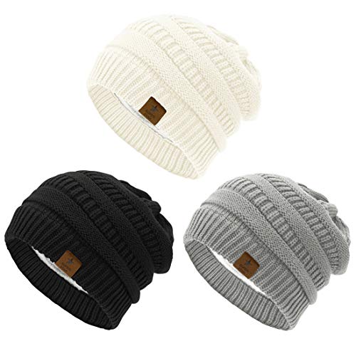 Durio Mütze Damen Winter Strickmütze Grobstrick Warme Beanie mit Innenfutter 3er Set C von Durio