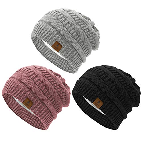 Durio Mütze Damen Winter Strickmütze Grobstrick Warme Beanie mit Innenfutter 3er Set D Einheitsgröße von Durio