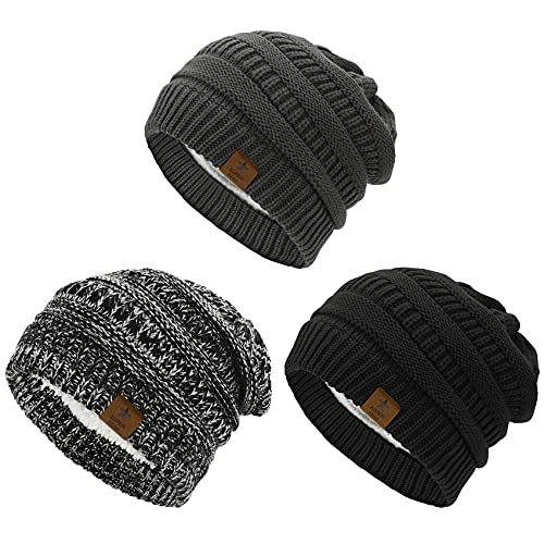 Durio Mütze Damen Winter Strickmütze Grobstrick Warme Beanie mit Innenfutter 3er Set E Einheitsgröße von Durio