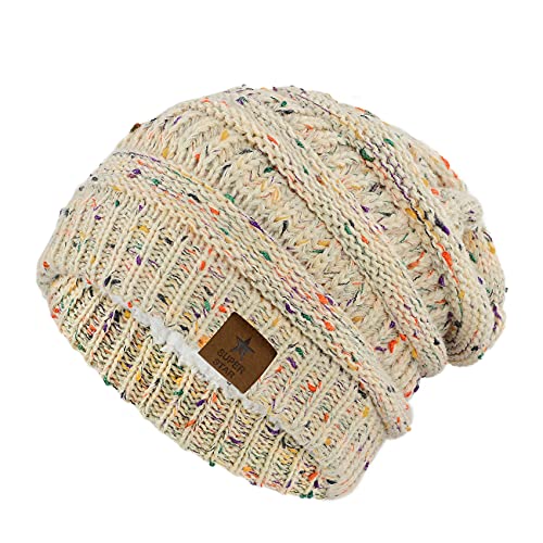 Durio Mütze Damen Winter Strickmütze Grobstrick Warme Beanie mit Innenfutter Beige von Durio