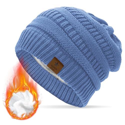 Durio Mütze Damen Winter Strickmütze Grobstrick Warme Beanie mit Innenfutter Blau von Durio