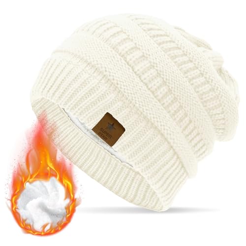 Durio Mütze Damen Winter Strickmütze Grobstrick Warme Beanie mit Innenfutter Elfenbein von Durio