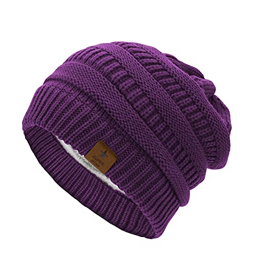 Durio Mütze Damen Winter Strickmütze Grobstrick Warme Beanie mit Innenfutter Lila von Durio