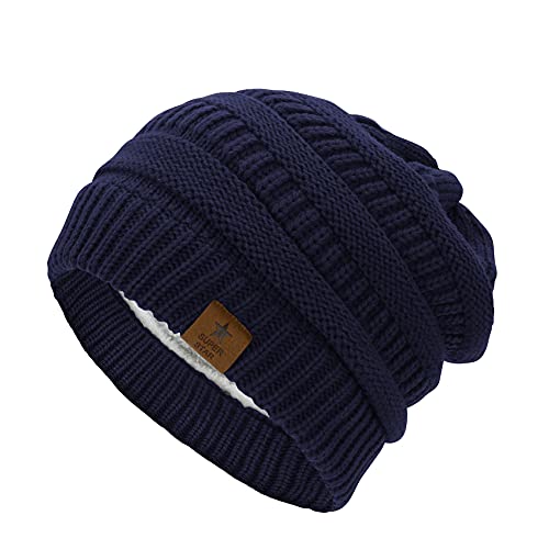 Durio Mütze Damen Winter Strickmütze Grobstrick Warme Beanie mit Innenfutter Navy von Durio