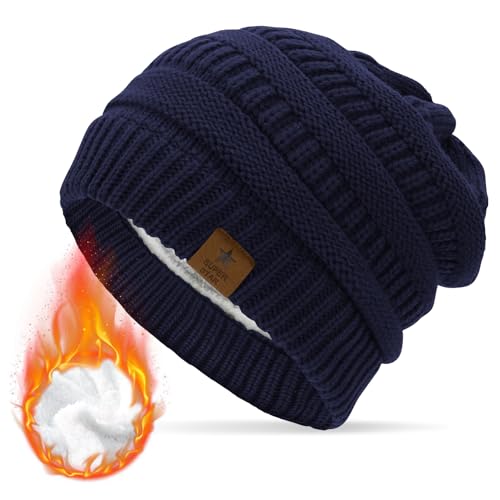 Durio Mütze Damen Winter Strickmütze Grobstrick Warme Beanie mit Innenfutter Navy von Durio