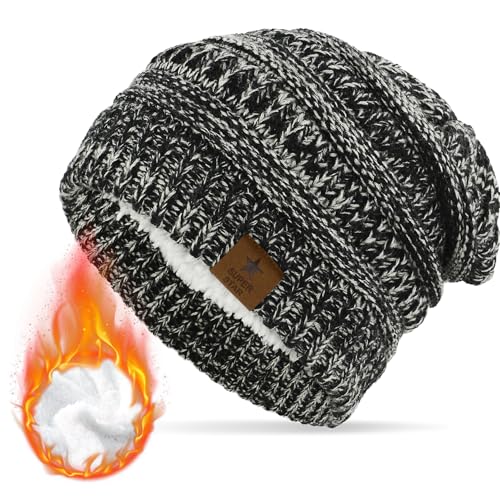 Durio Mütze Damen Winter Strickmütze Grobstrick Warme Beanie mit Innenfutter Schwarz mit Grau von Durio