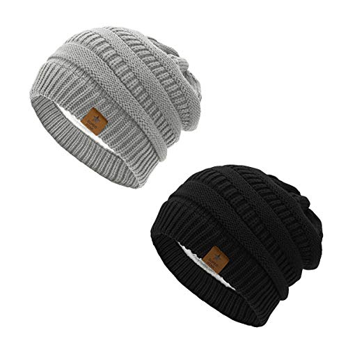 Durio Mütze Damen Winter Strickmütze Grobstrick Warme Beanie mit Innenfutter Schwarz u. Hellgrau von Durio
