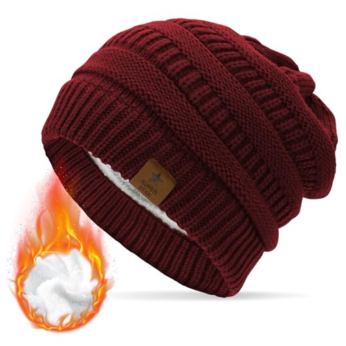 Durio Mütze Damen Winter Strickmütze Grobstrick Warme Beanie mit Innenfutter Weinrot von Durio