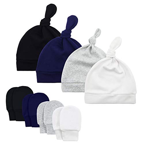 Durio Neugeborenes Babymütze und Handschuhe Set Knoten Beanie Hut Kratzfäustlinge Baby Jungen Mädchen 0-6 Monate 4er Pack Farbmischung A von Durio