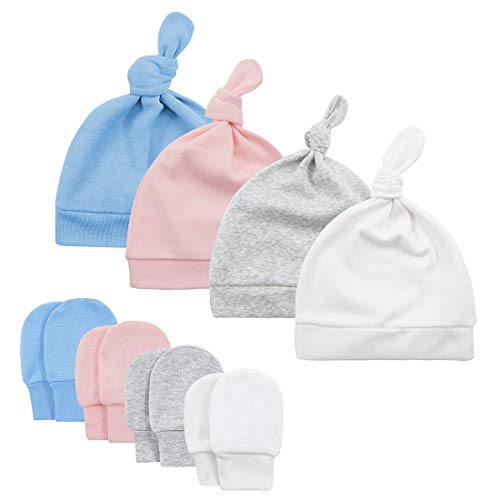 Durio Neugeborenes Babymütze und Handschuhe Set Knoten Beanie Hut Kratzfäustlinge Baby Jungen Mädchen 0-6 Monate 4er Pack Farbmischung B von Durio