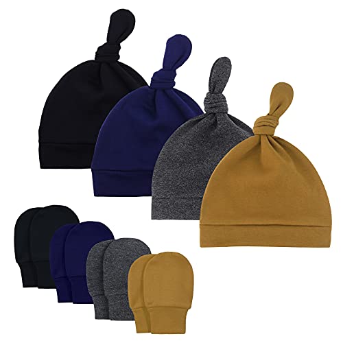 Durio Neugeborenes Babymütze und Handschuhe Set Knoten Beanie Hut Kratzfäustlinge Baby Jungen Mädchen 0-6 Monate 4er Set Schwarz Dunkelgrau Navy u. Kaffee von Durio