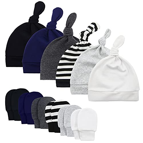 Durio Neugeborenes Babymütze und Handschuhe Set Knoten Beanie Hut Kratzfäustlinge Baby Jungen Mädchen 0-6 Monate 6er Pack Farbmischung A von Durio