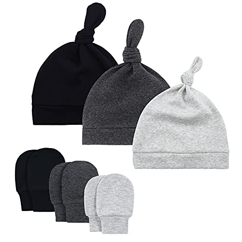 Durio Neugeborenes Babymütze und Handschuhe Set Knoten Beanie Hut Kratzfäustlinge Baby Jungen Mädchen 0-6 Monate Schwarz Grau u. Schwarz-Grau von Durio