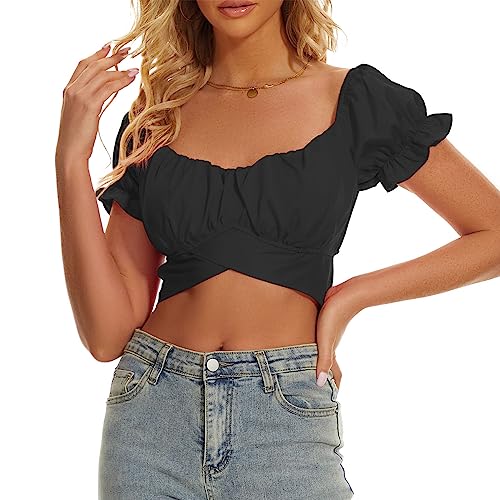 Durio Oktoberfest Damen Outfit Elegant Crop Top Shirt mit Gerüschtem Rücken Oktoberfest Kostüm Oberteil Puffärmel Cropshirt Schwarz M von Durio