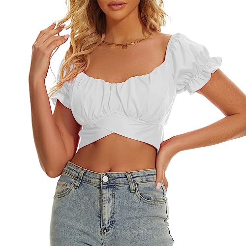 Durio Oktoberfest Damen Outfit Elegant Crop Top Shirt mit Gerüschtem Rücken Oktoberfest Kostüm Oberteil Puffärmel Cropshirt Weiß L von Durio