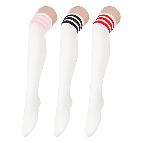 Durio Overknee strümpfe damen Warme Extra lang socken thigh highs femboy outfit overknees stiefel halterlose strümpfe sexy schuluniform mädchen Weiß（Rosa, Schwarz und Rote Streifen） Einheitsgröße von Durio