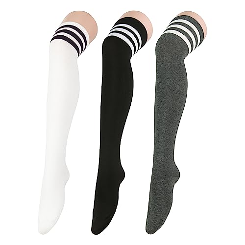 Durio Overknee strümpfe damen Warme Extra lang socken thigh highs femboy outfit overknees stiefel halterlose strümpfe sexy schuluniform mädchen Weiß, Schwarz und Grau mit Streifen Einheitsgröße von Durio