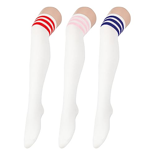 Durio Overknee strümpfe damen Warme Extra lang socken thigh highs femboy outfit overknees stiefel halterlose strümpfe sexy schuluniform mädchen Weiß （Rote,Rosa und Blau Streifen） Einheitsgröße von Durio