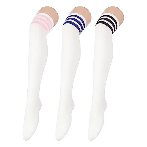 Durio Overknees Kniestrümpfe Damen Winter Hohe Socken Damen Thermo Lange Strümpfe Damen Warme Lange Socken Einheitsgröße 3 Paar Streifens: Rosa, Blau und Schwarz von Durio