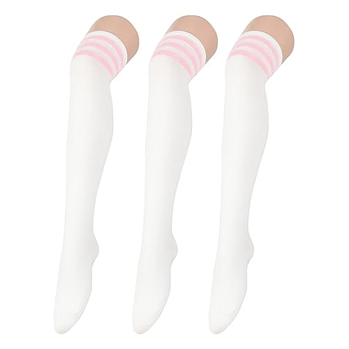 Durio Overknees Kniestrümpfe Damen Winter Hohe Socken Damen Thermo Lange Strümpfe Damen Warme Lange Socken Einheitsgröße 3 Paar Weiß mit Rosa Streifen von Durio