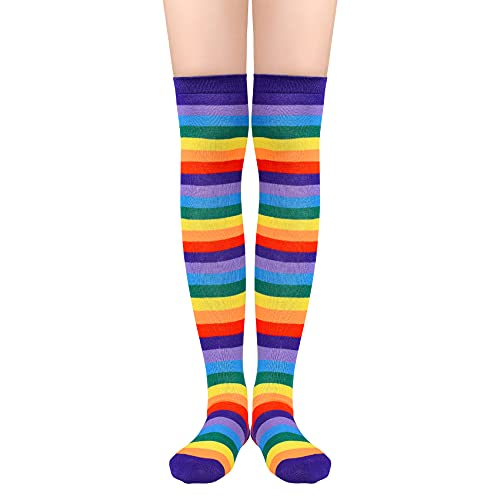 Durio Overknees Strümpfe Damen mit streifen gestreift knee high socks tigh high programmatic Kniestrümpfe für Kostüme Karneval Halloween Strümpfe Blaue Regenbogen Streifen von Durio