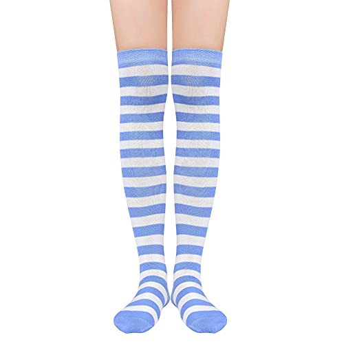 Durio Overknees Strümpfe Damen mit streifen gestreift knee high socks tigh high programmatic Kniestrümpfe für Kostüme Karneval Halloween Strümpfe Blaue und Weiße Streifen von Durio