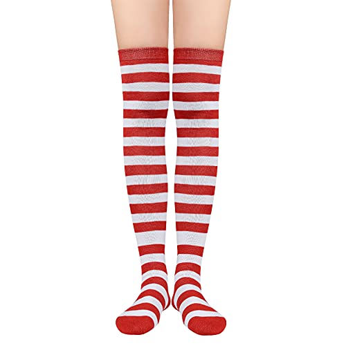 Durio Overknees Strümpfe Damen mit streifen gestreift knee high socks tigh high programmatic Kniestrümpfe für Kostüme Karneval Halloween Strümpfe Rot und Weiß Streifen von Durio