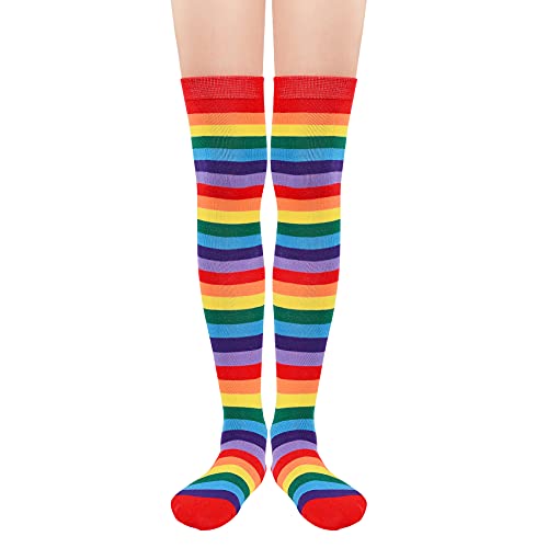 Durio Overknees Strümpfe Damen mit streifen gestreift knee high socks tigh high programmatic Kniestrümpfe für Kostüme Karneval Halloween Strümpfe Rote Regenbogen Streifen von Durio