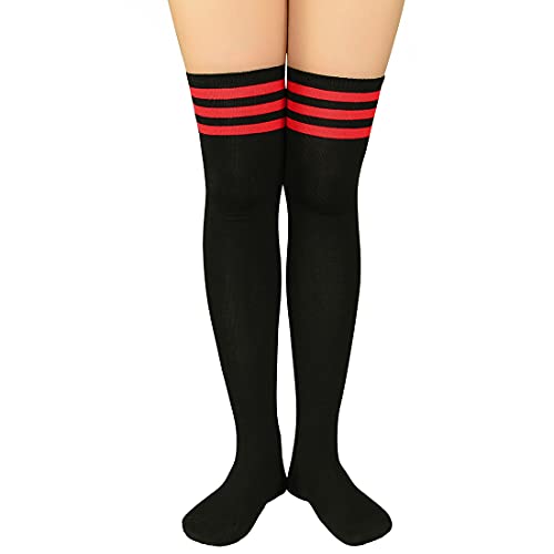 Durio Overknees Strümpfe Damen mit streifen gestreift knee high socks tigh high programmatic Kniestrümpfe für Kostüme Karneval Halloween Strümpfe Schwarz mit Rot Streifen von Durio