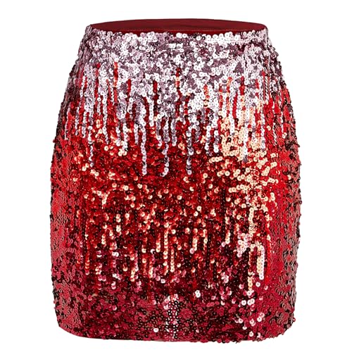 Durio Pailettenrock Für Damen Glitzer Rock Kurz Damen Sexy Midi Skirt Hüftrock mit Elastische Taille Party Rave Outfit Rot/Rosa L von Durio