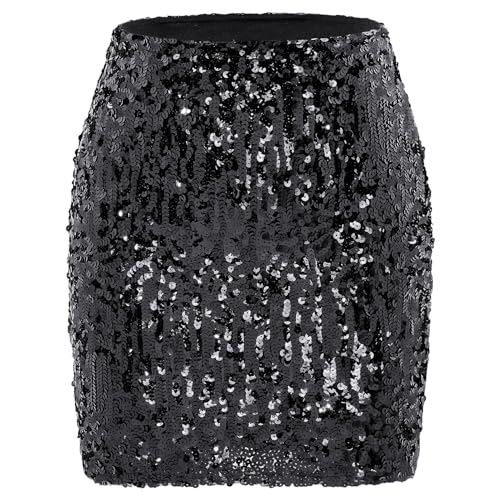 Durio Pailettenrock Für Damen Glitzer Rock Kurz Damen Sexy Midi Skirt Hüftrock mit Elastische Taille Party Rave Outfit Schwarz L von Durio