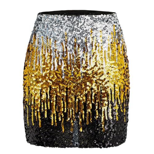 Durio Pailettenrock Für Damen Glitzer Rock Kurz Damen Sexy Midi Skirt Hüftrock mit Elastische Taille Party Rave Outfit Silber/Gold/schwarz L von Durio