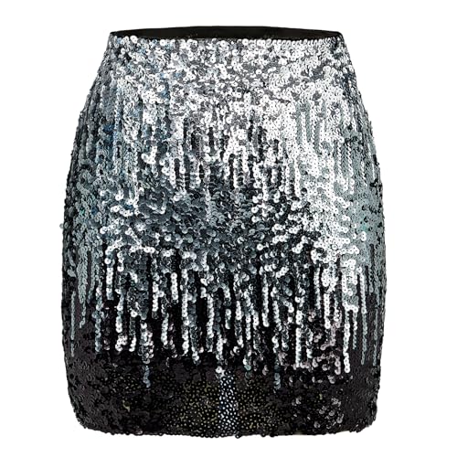 Durio Pailettenrock Für Damen Glitzer Rock Kurz Damen Sexy Midi Skirt Hüftrock mit Elastische Taille Party Rave Outfit Silber/grau/schwarz L von Durio