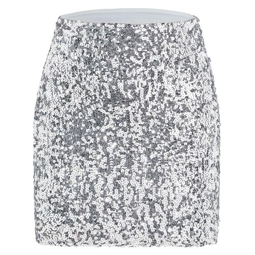 Durio Pailettenrock Für Damen Glitzer Rock Kurz Damen Sexy Midi Skirt Hüftrock mit Elastische Taille Party Rave Outfit Silber L von Durio