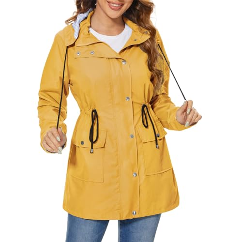 Durio Regenjacke Damen Wasserdicht Atmungsaktiv Regenmantel Damen Lang Leichte Jacke mit Kapuze Schwarz Softshelljacke Geeignet für Outdoor-Sportarten im Frühjahr und Herbst Orange L von Durio