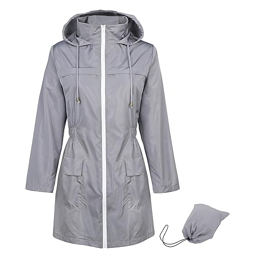 Durio Regenjacke Damen Wasserdicht Atmungsaktiv mit Kapuze Leicht Faltbar übergangsjacke Outdoorjacke mit Verstellbare Kordelzug-Taille Grau 2XL von Durio