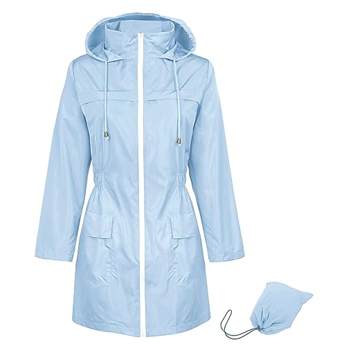 Durio Regenjacke Damen Wasserdicht Atmungsaktiv mit Kapuze Leicht Faltbar übergangsjacke Outdoorjacke mit Verstellbare Kordelzug-Taille Hellblau M von Durio